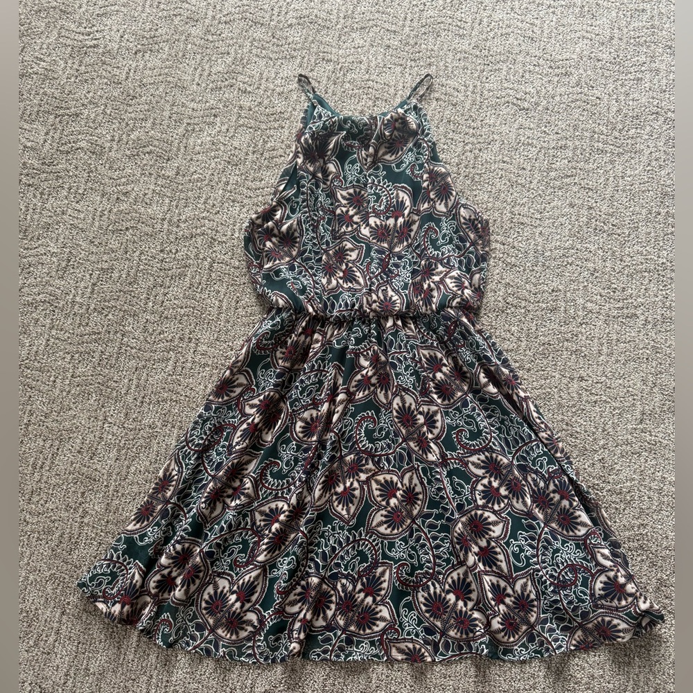 Lush, green and brown sleeveless dress open slit on back to waist, size large